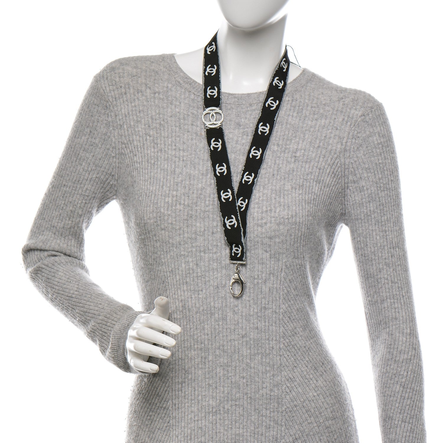 Chanel Crystal CC Lanyard Necklace Black Silver 2 of 6