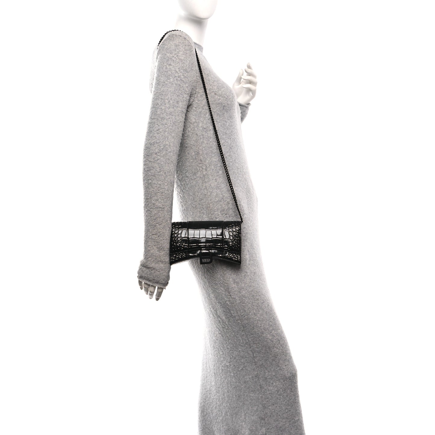 Shiny Calfskin Monochrome Crocodile Embossed Hourglass Chain Bag Black