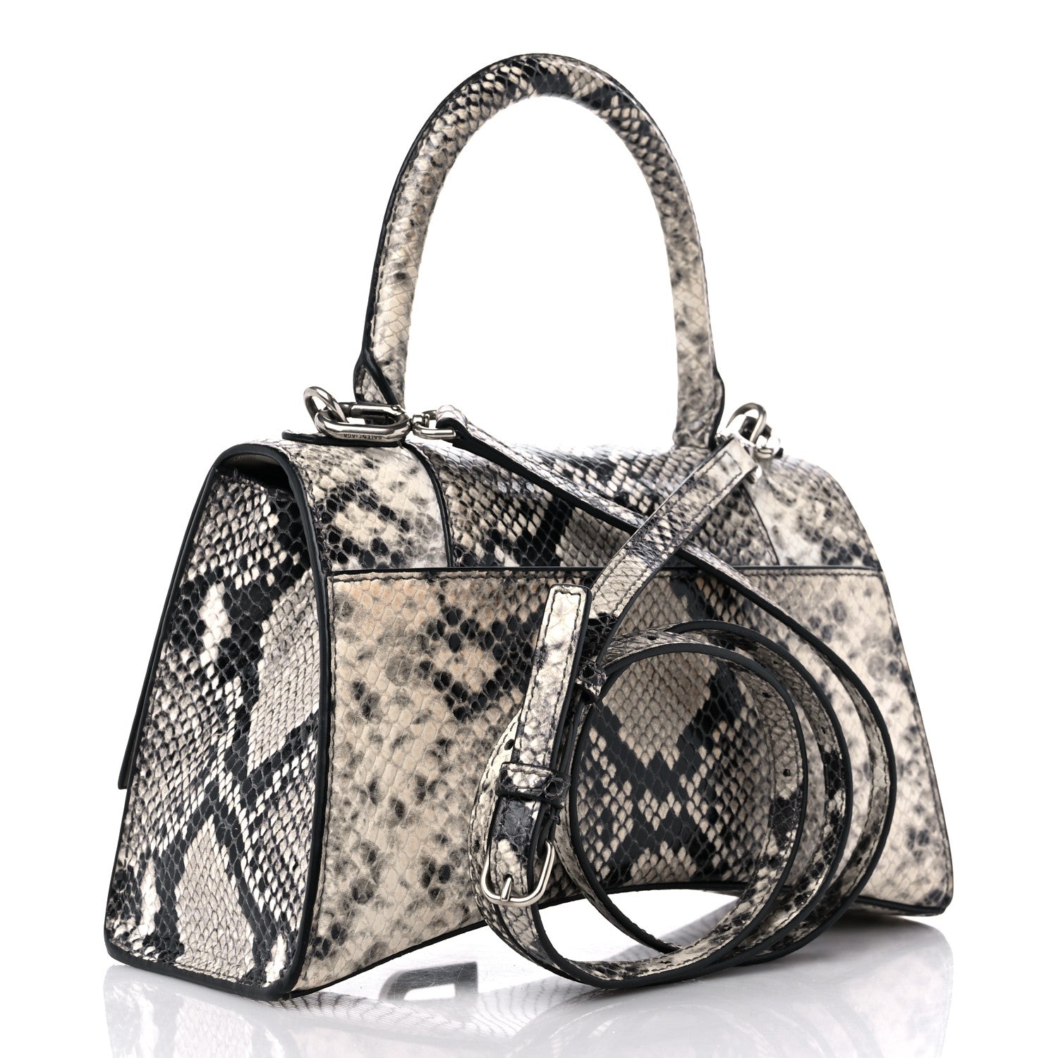 Balenciaga Calfskin Snake Effect Small Hourglass Top Handle Bag Black White 3 of 13