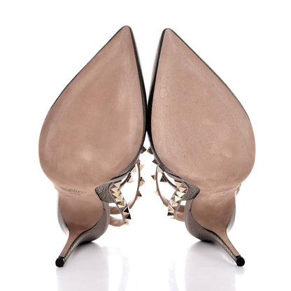 Valentino Garavani Metallic Pebbled Calfskin Rockstud Ankle Strap 100mm Pumps 39.5 Sasso Poudre 5 of 9