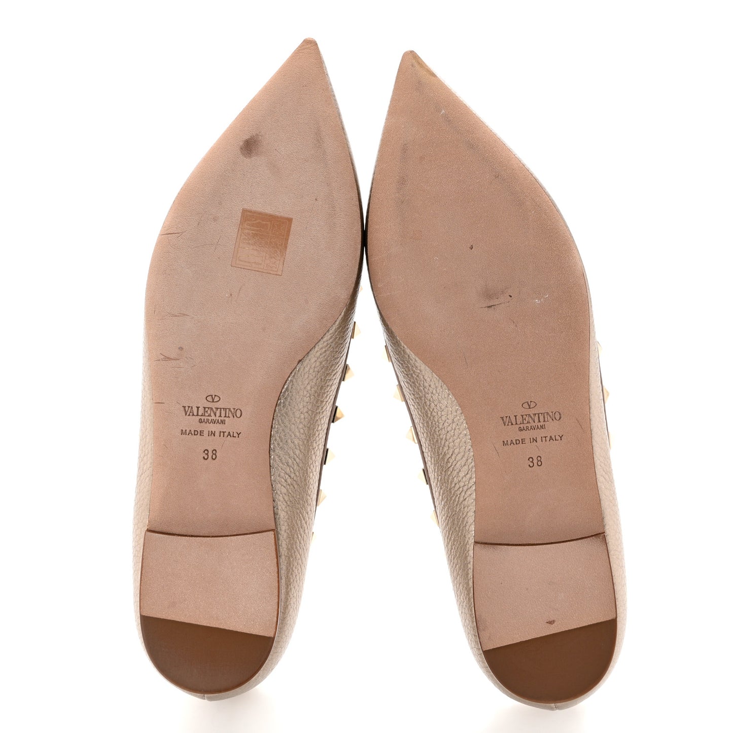 Metallic Pebbled Calfskin Rockstud Ballerina Flats 38 Sasso Poudre