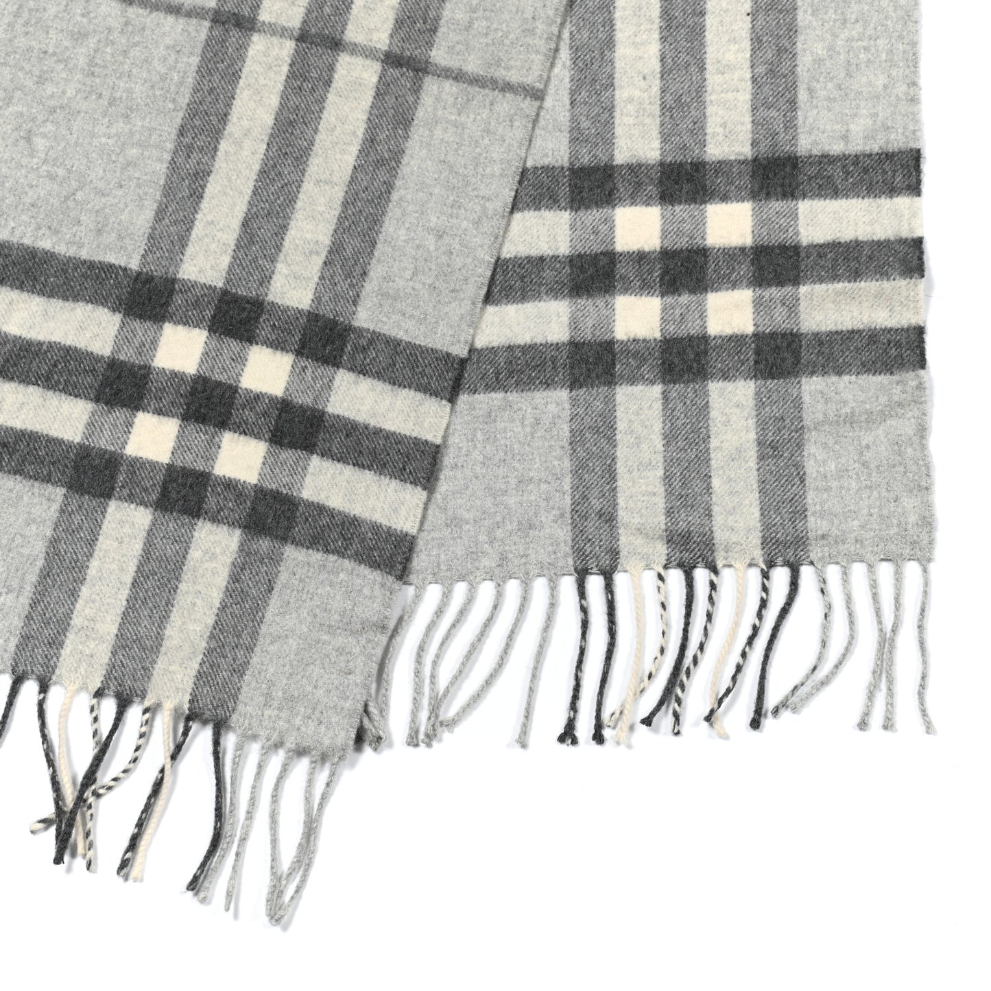 Cashmere Giant Check Fringe Scarf Pale Grey