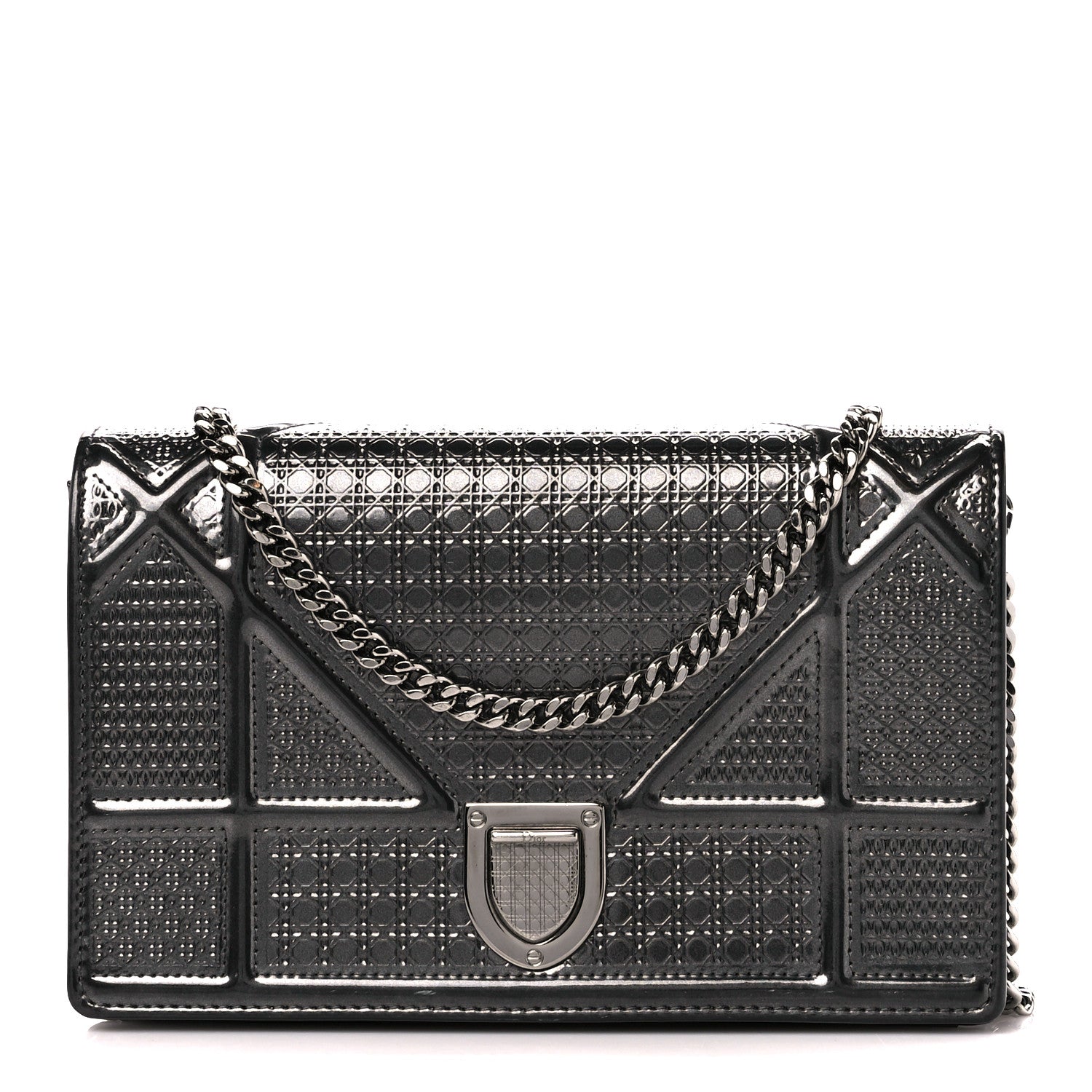Christian Dior Metallic Patent Micro-Cannage Diorama Wallet on Chain Pouch Onyx Black 1 of 9