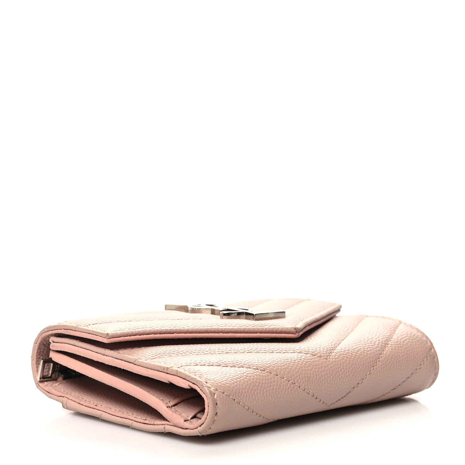 Saint Laurent Grain De Poudre Matelasse Chevron Monogram Compact Tri Fold Wallet Pale Pink 4 of 14
