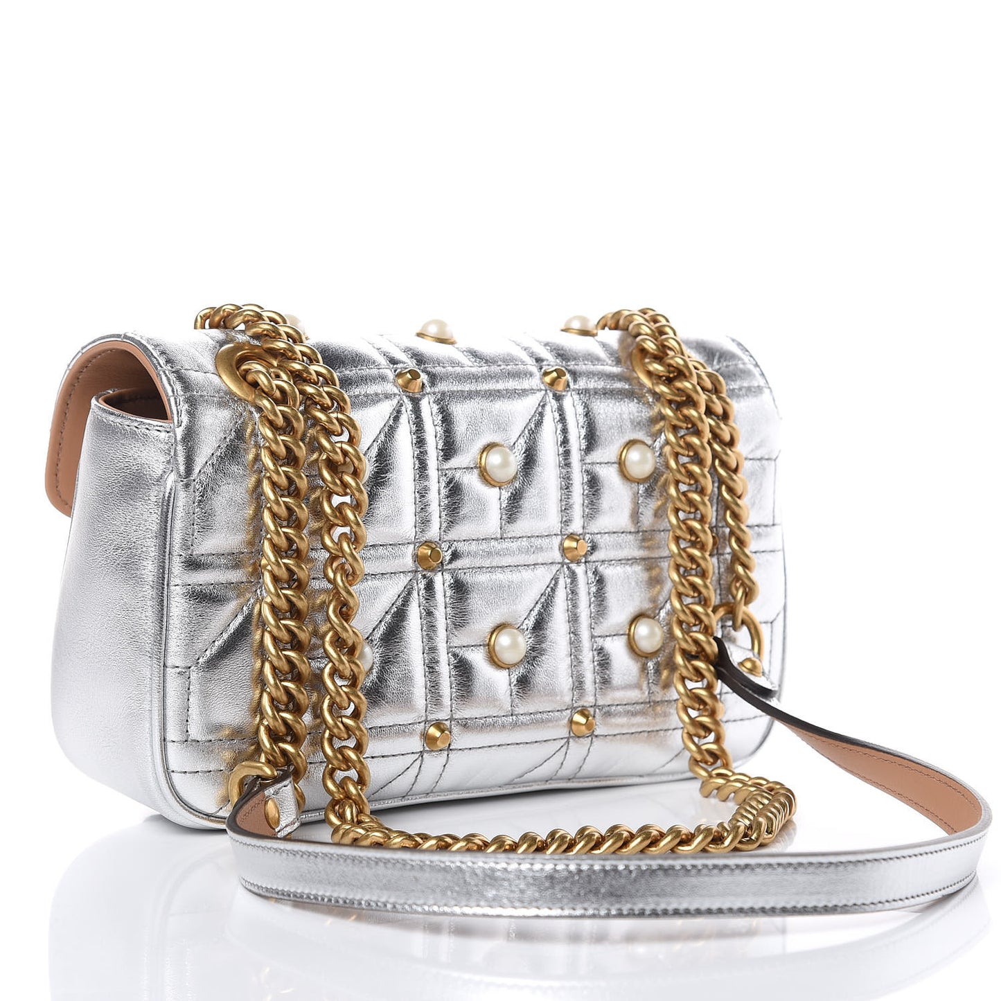 Metallic Calfskin Matelasse Studded Mini Pearly GG Marmont Shoulder Bag Silver