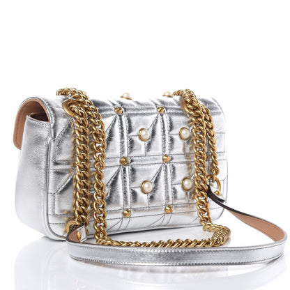 Gucci Metallic Calfskin Matelasse Studded Mini Pearly GG Marmont Shoulder Bag Silver 3 of 10