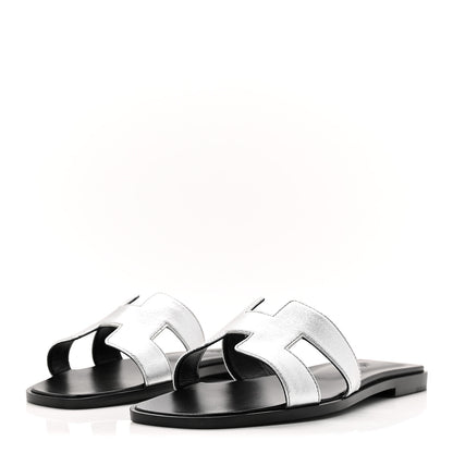Hermes Metallic Chevre Oran Sandals 38.5 Gris Argente 3 of 9