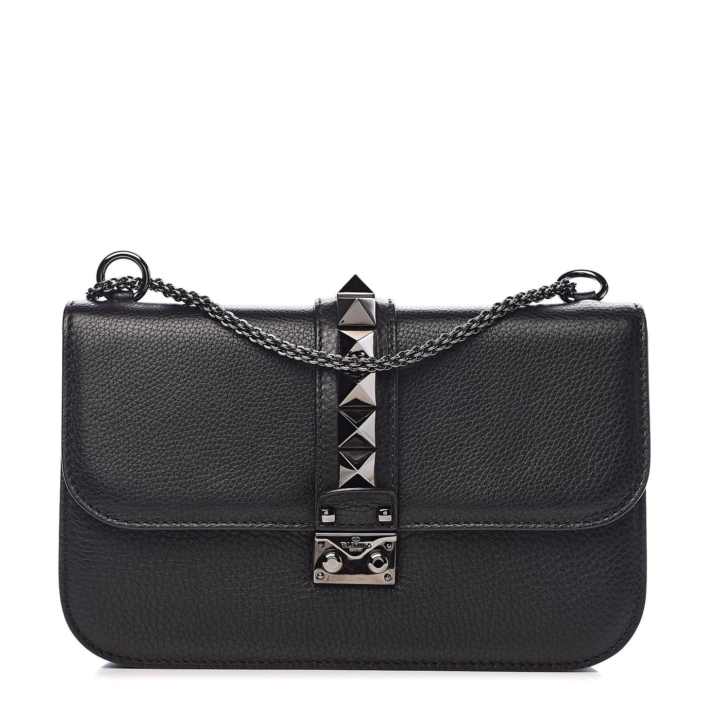 Pebbled Calfskin Medium Glam Lock Rockstud Flap Black