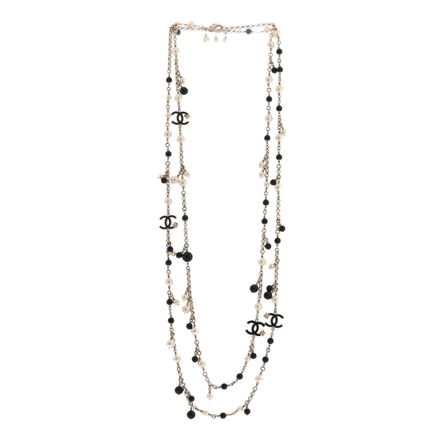 Pearl CC Long Necklace Gold White Black