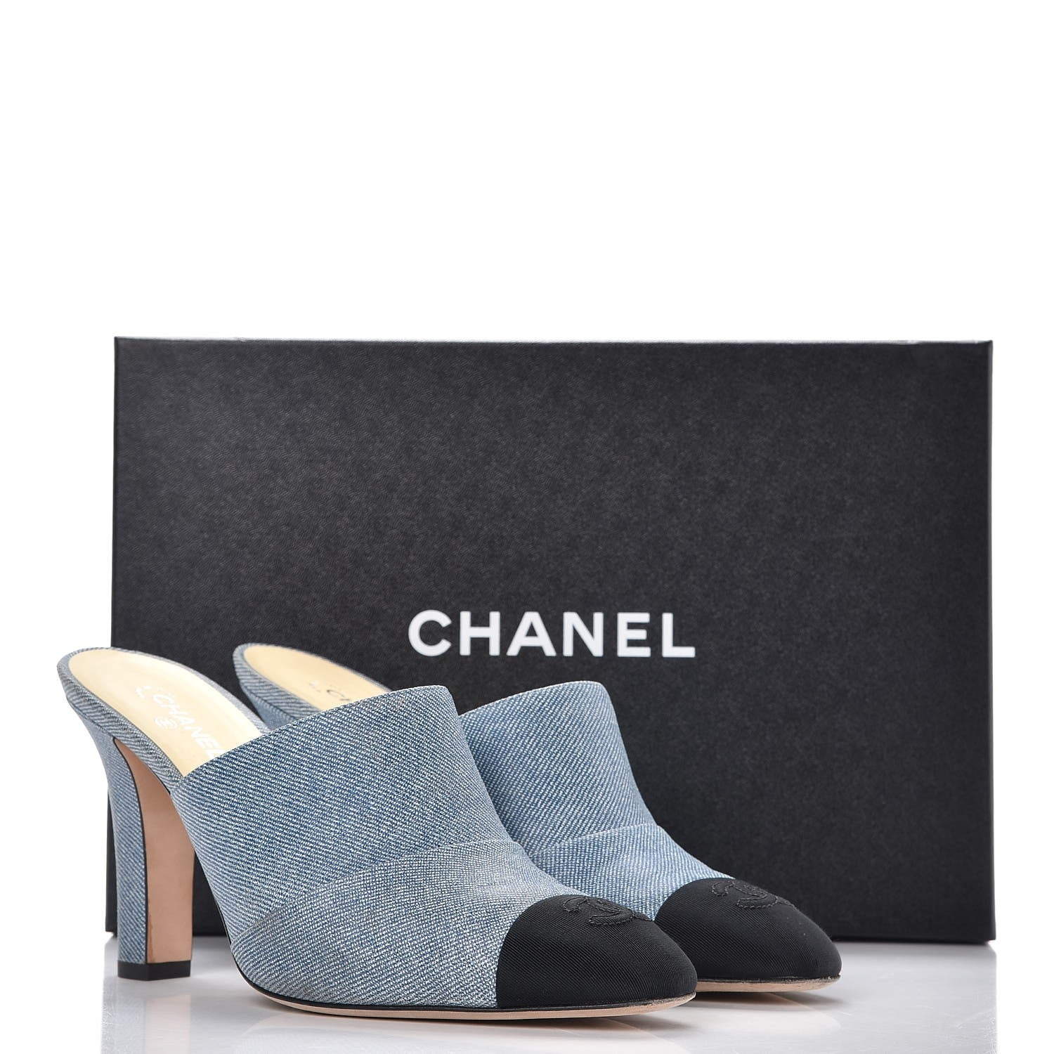 Chanel Printed Lambskin Grosgrain Cap Toe CC Mules 39 Blue Black 13 of 13