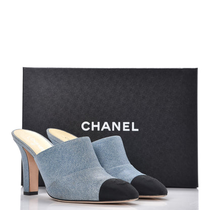 Chanel Printed Lambskin Grosgrain Cap Toe CC Mules 39 Blue Black 13 of 13