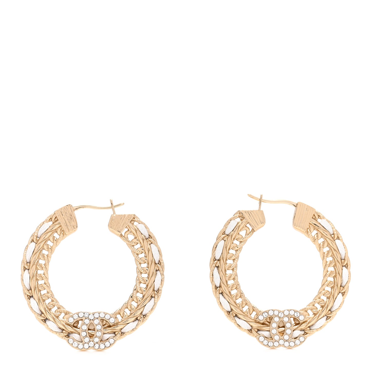 Crystal Lambskin CC Chain Hoop Earrings Gold White