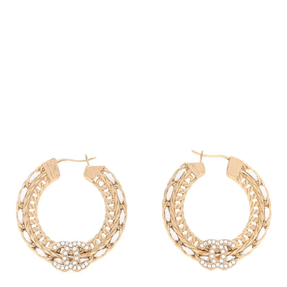 Chanel Crystal Lambskin CC Chain Hoop Earrings Gold White 1 of 4