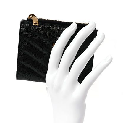 Saint Laurent Grain De Poudre Matelasse Chevron Monogram Zipped Card Case Black 2 of 10