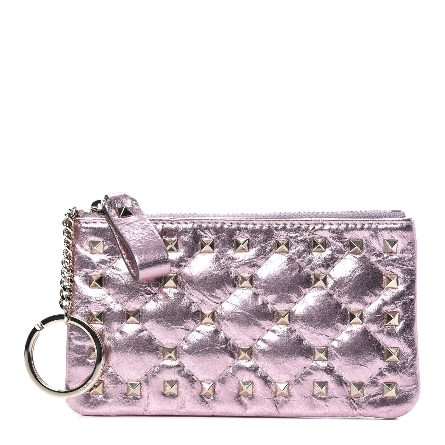 Metallic Wrinkled Lambskin Rockstud Spike Zip Coin Purse Lipstick