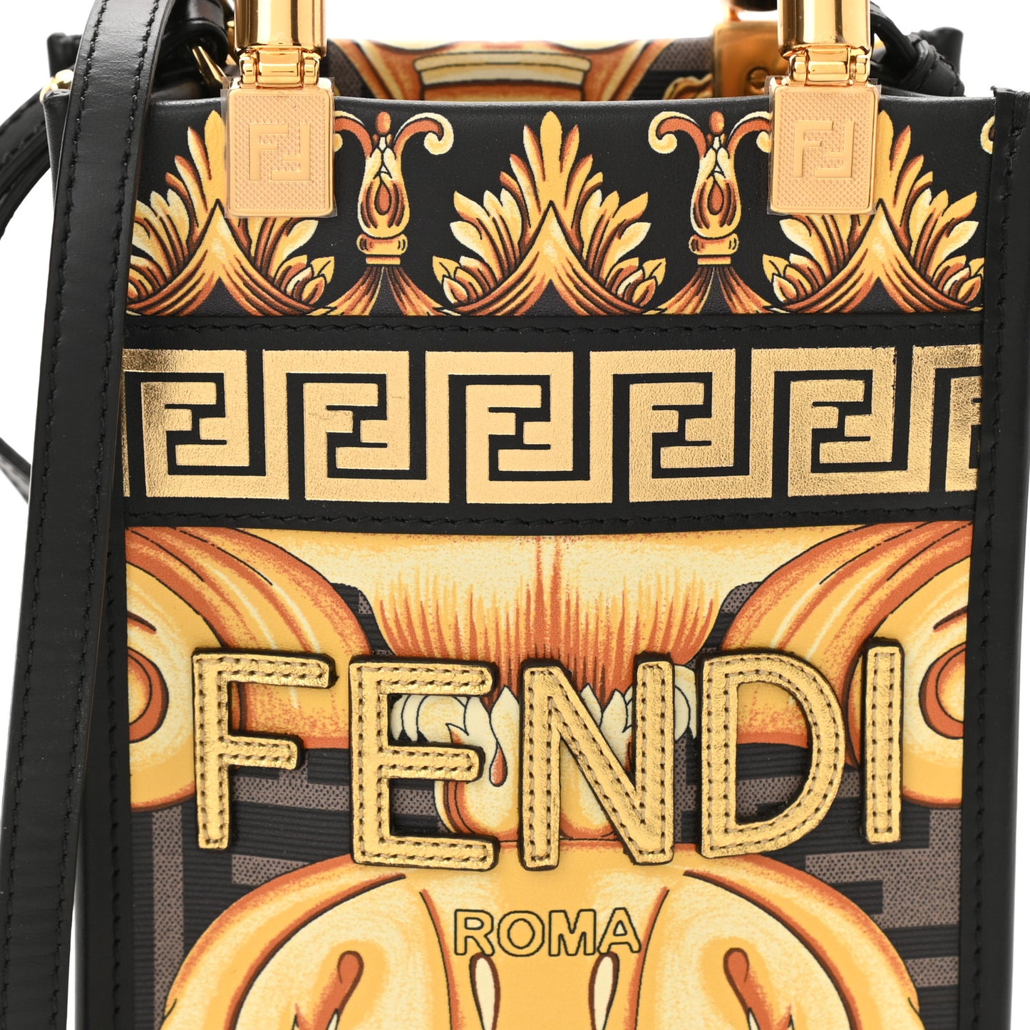 X VERSACE Vitello King Catalan Mirror Plexiglass Fendace FF Baroque Logo Mini Fendi Sunshine Shopper Tote Black Gold