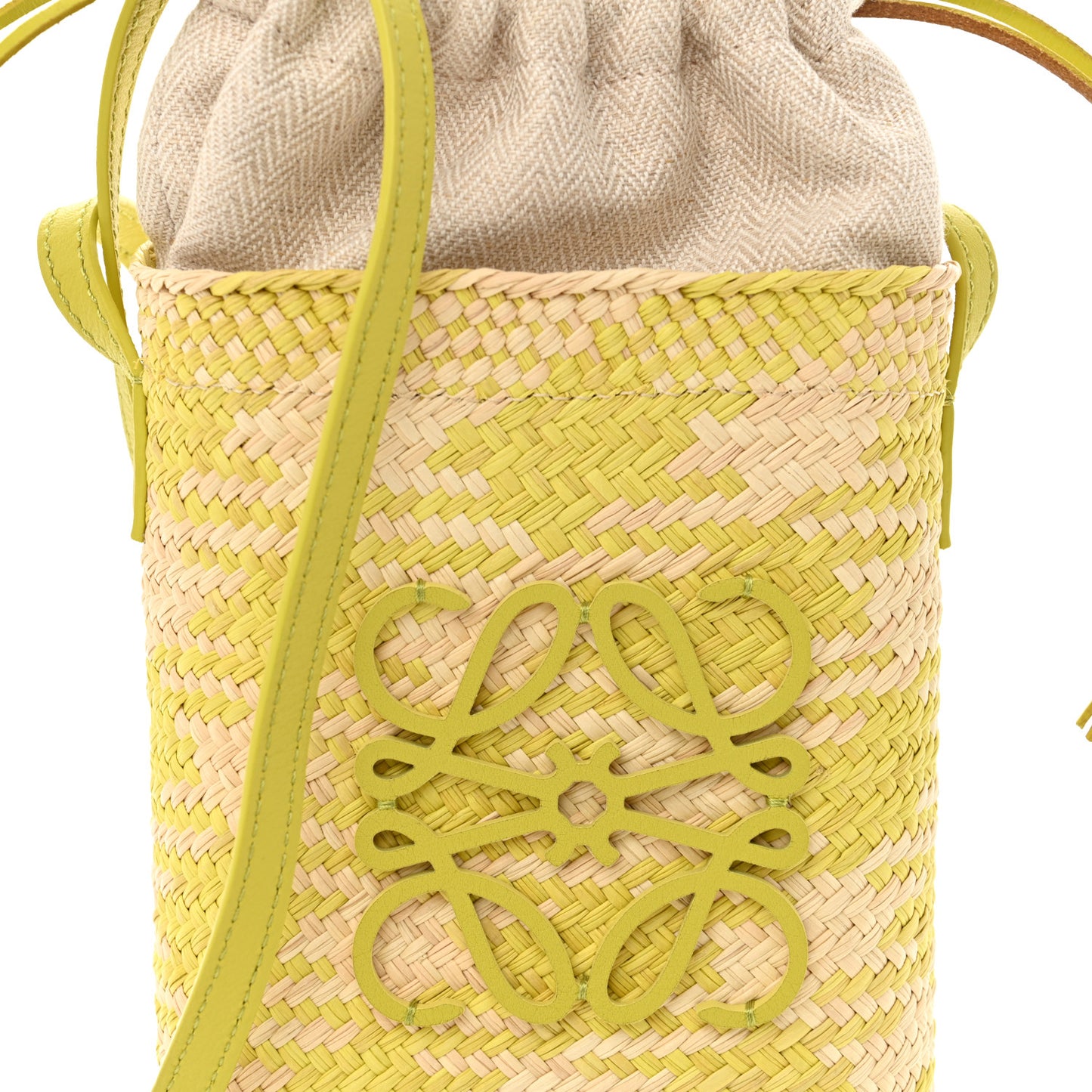 Iraca Palm Calfskin Anagram Square Pocket Bucket Bag Natural Kiwi
