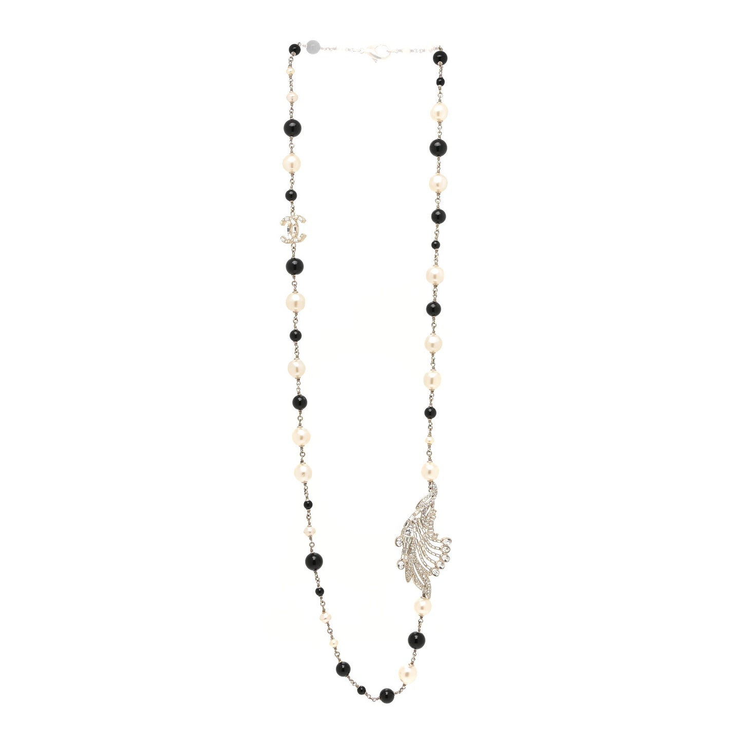 Pearl Crystal Baguette Beaded Wing Long Necklace Black Gold