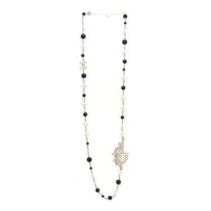 Chanel Pearl Crystal Baguette Beaded Wing Long Necklace Black Gold 3 of 4
