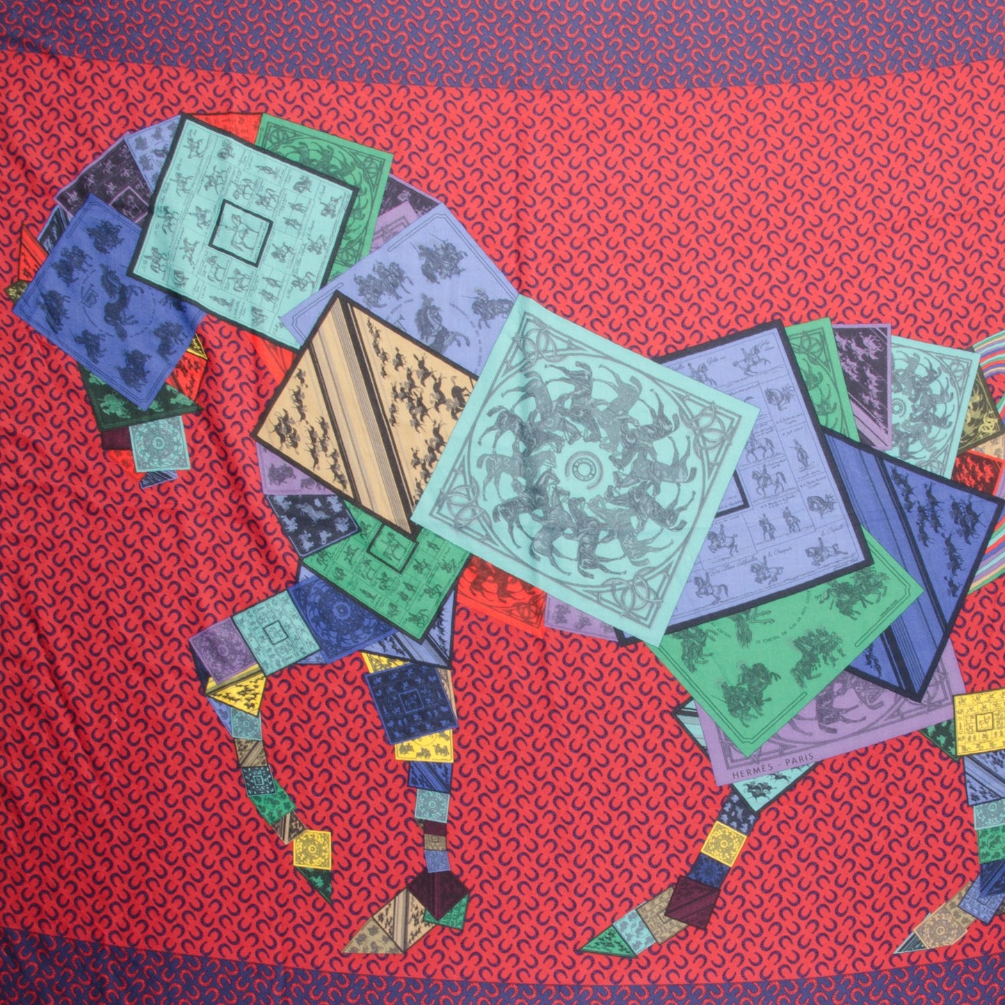 Cashmere Silk A Cheval Sur Mon Carre Shawl GM 140 Marine Rouge Vert