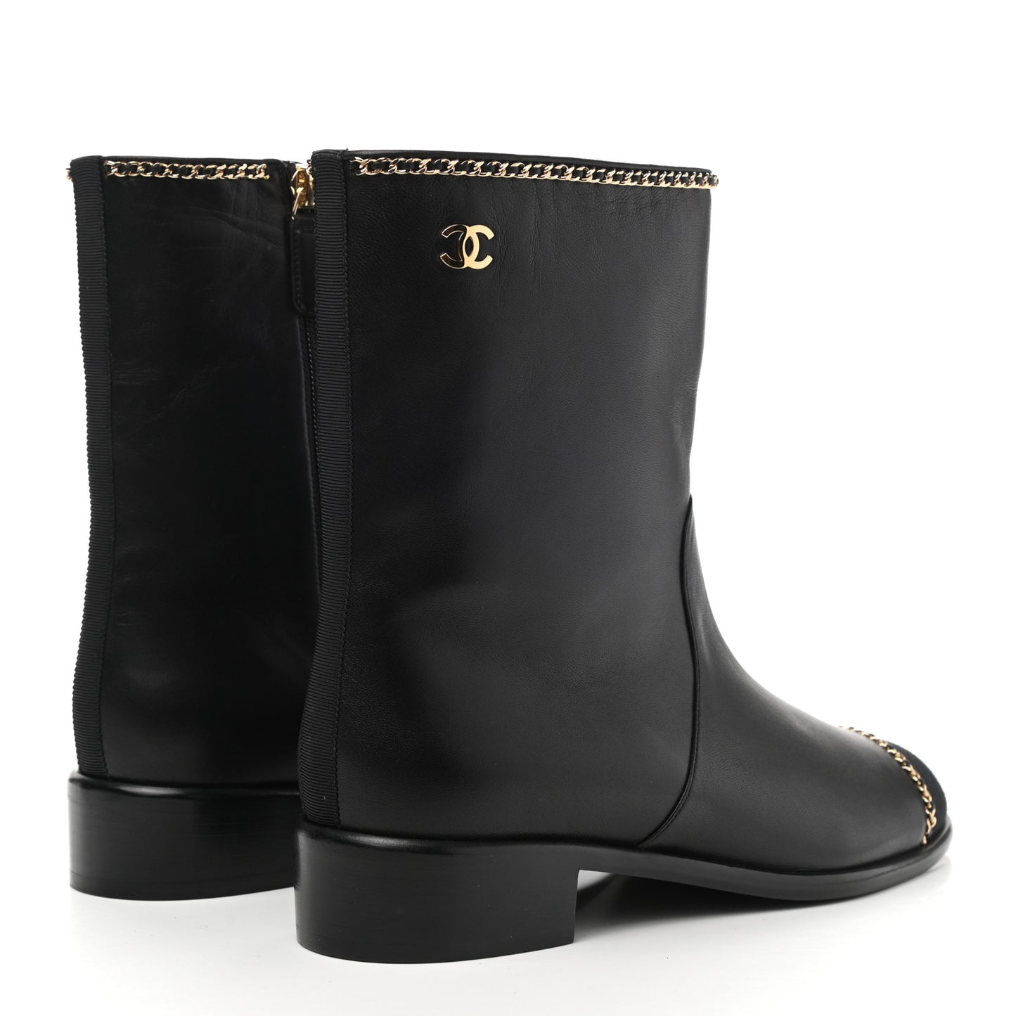 Lambskin Grosgrain Cap Toe Chain Short Boots 40.5 Black