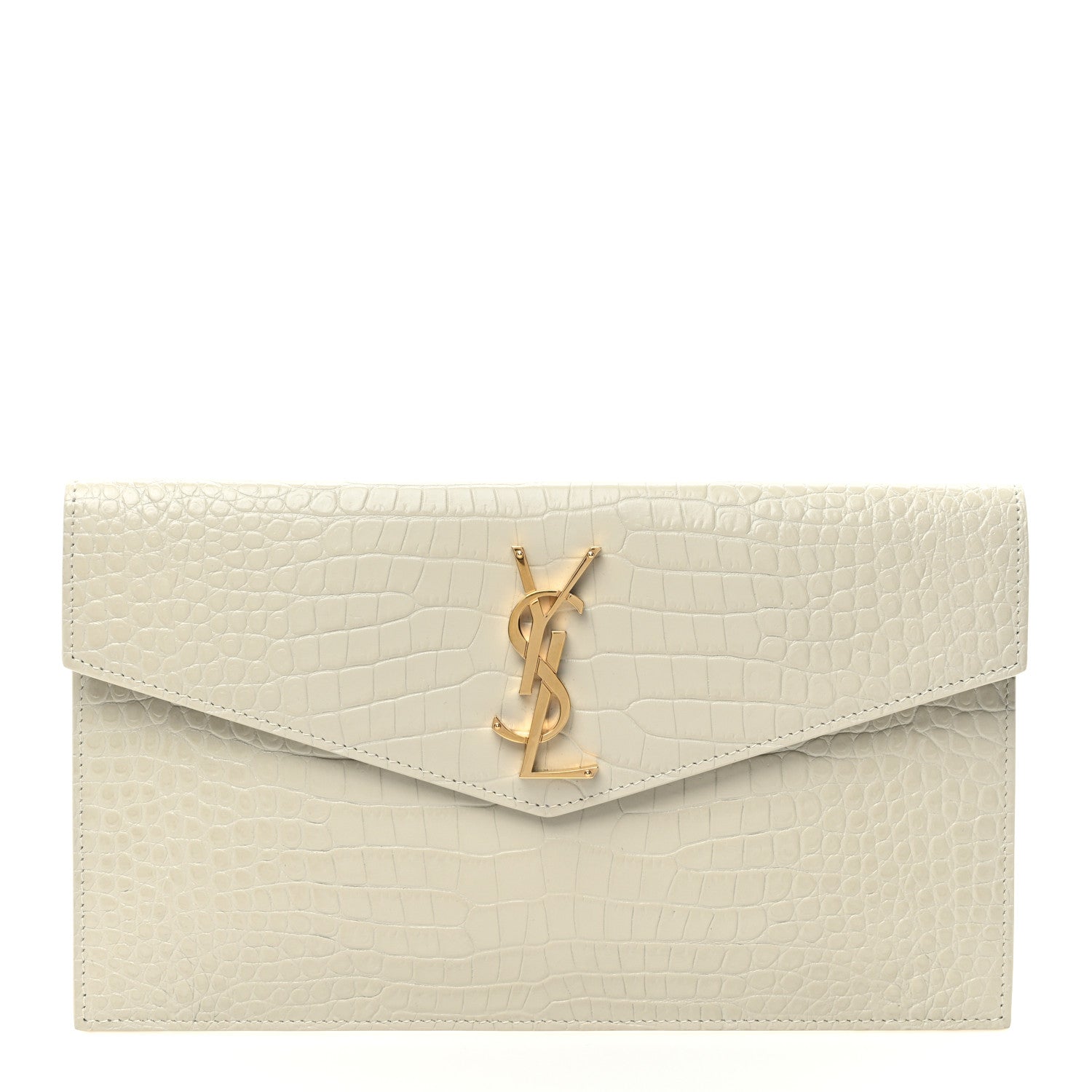 Saint Laurent Calfskin Crocodile Embossed Uptown Monogram Pouch Crema Soft 1 of 6