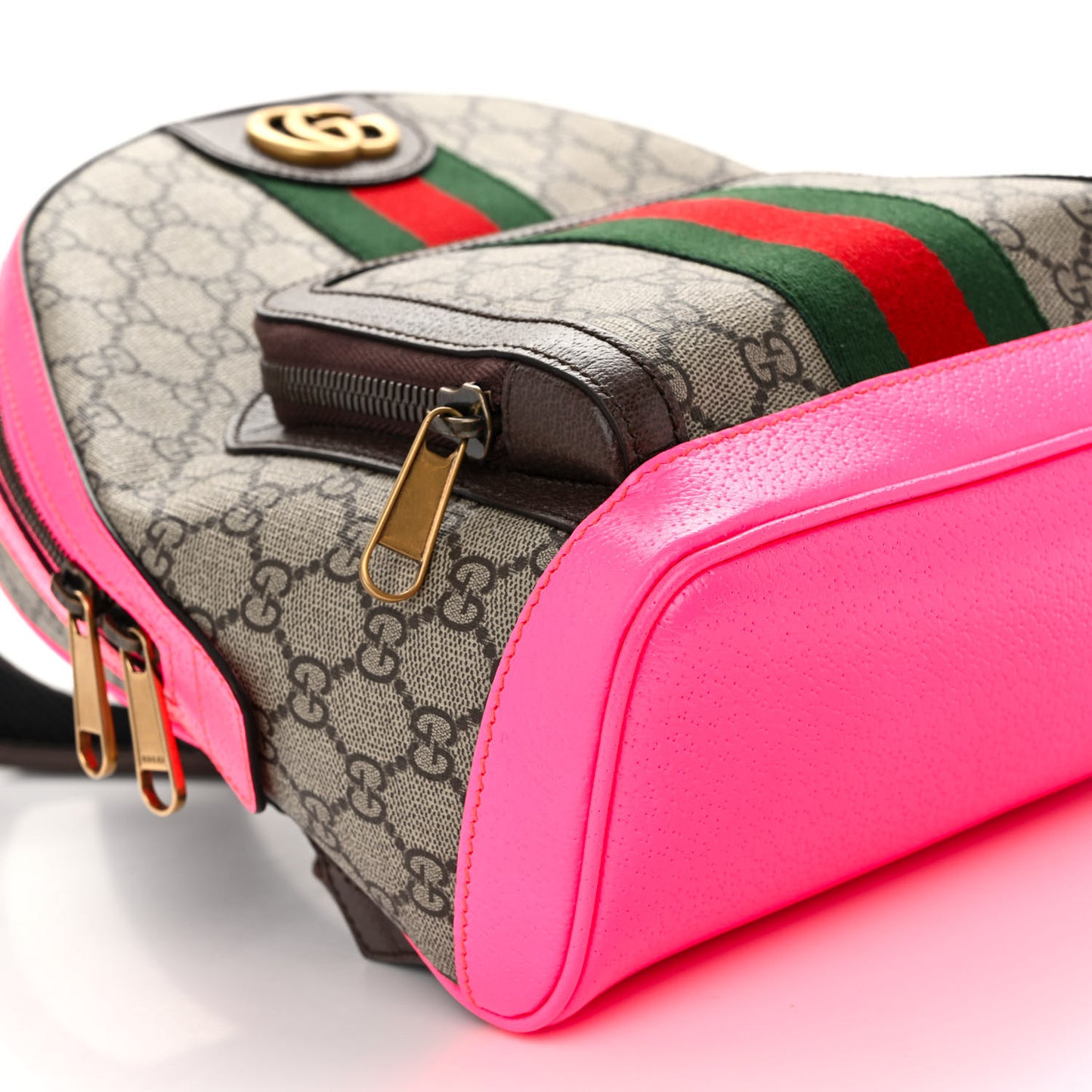 GG Supreme Monogram Textured Dollar Calfskin Web Small Ophidia Day Backpack Beige Ebony Fluorescent Fuchsia