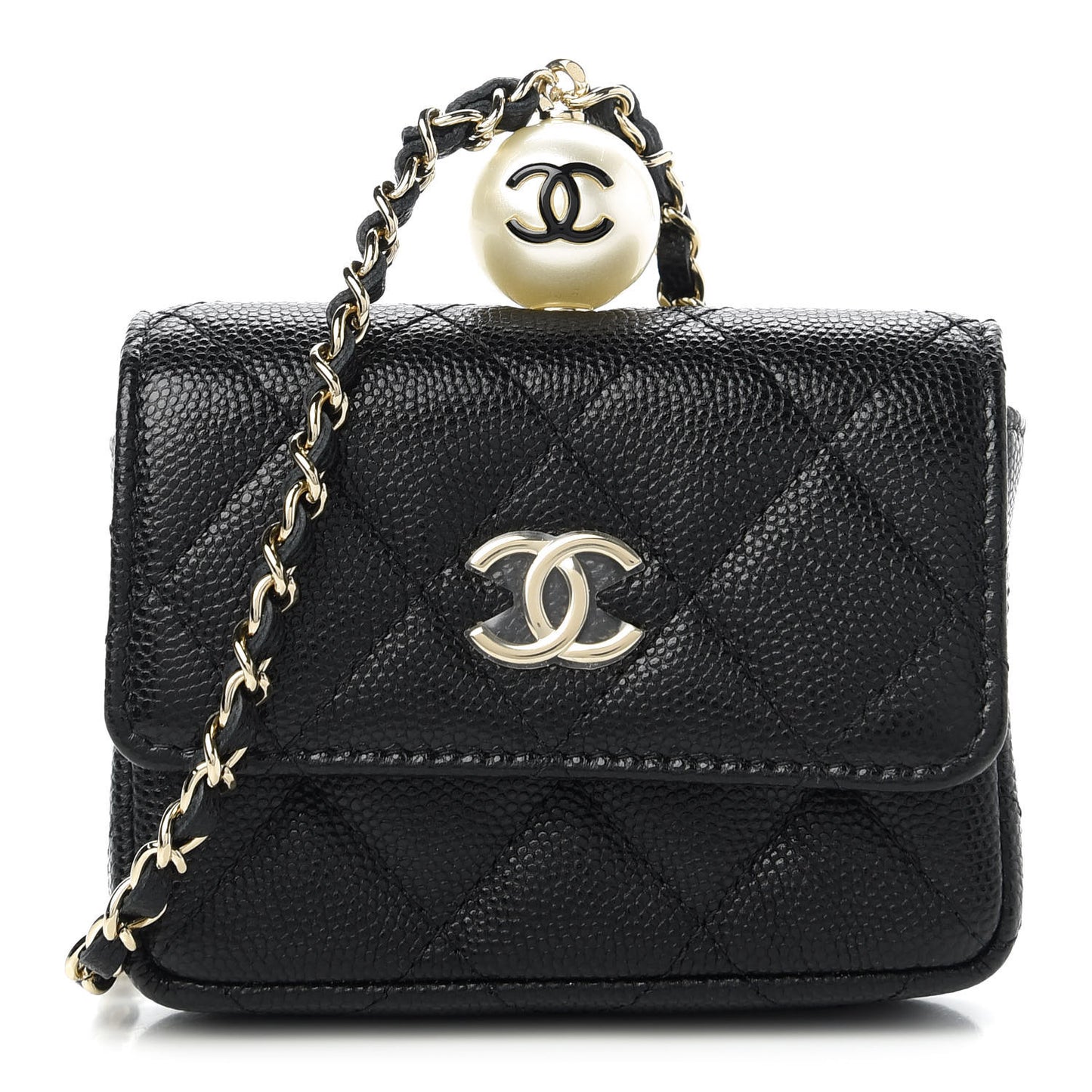 Caviar Quilted Mini Pearl On Top Coin Purse With Chain Black