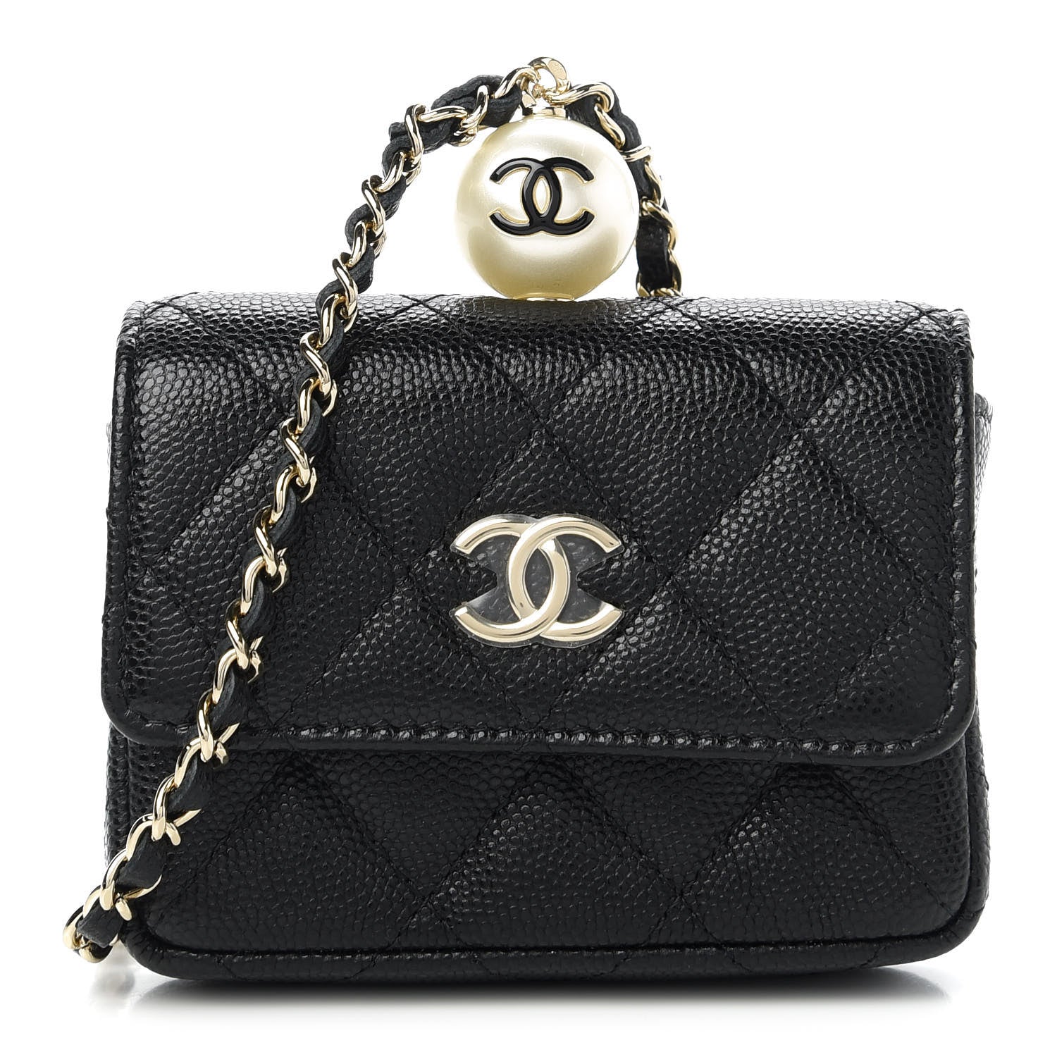 Chanel Caviar Quilted Mini Pearl On Top Coin Purse With Chain Black 1 of 11