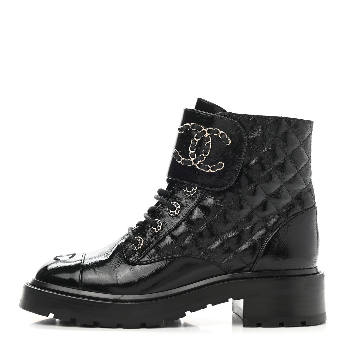 Shiny Calfskin Quilted Lace Up Combat Boots 38.5 Black