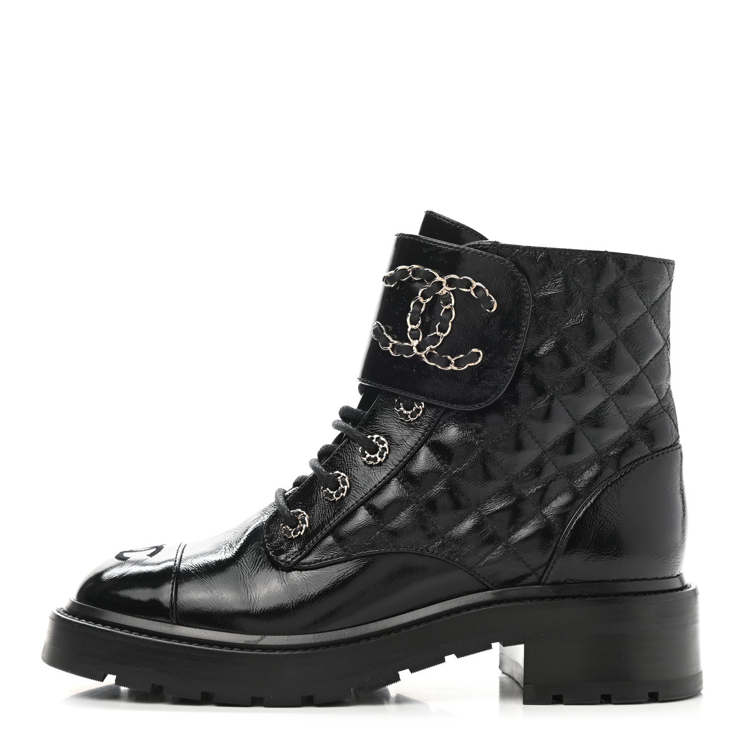 Chanel Shiny Calfskin Quilted Lace Up Combat Boots 38.5 Black 1 of 10