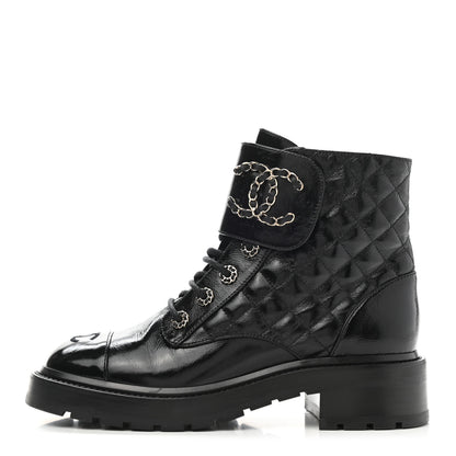 Chanel Shiny Calfskin Quilted Lace Up Combat Boots 38.5 Black 1 of 10
