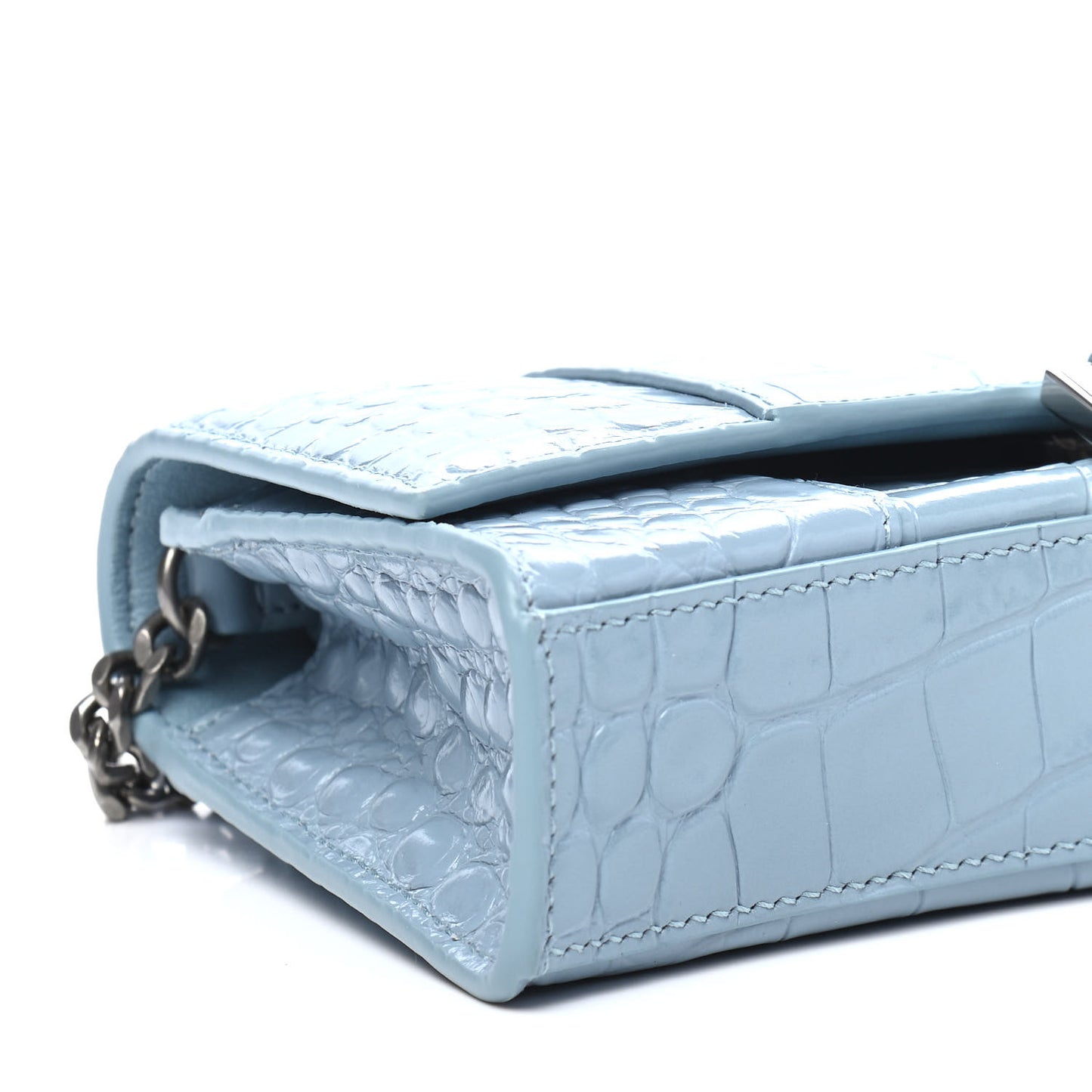 Shiny Calfskin Crocodile Embossed Hourglass Chain Bag Blue Grey