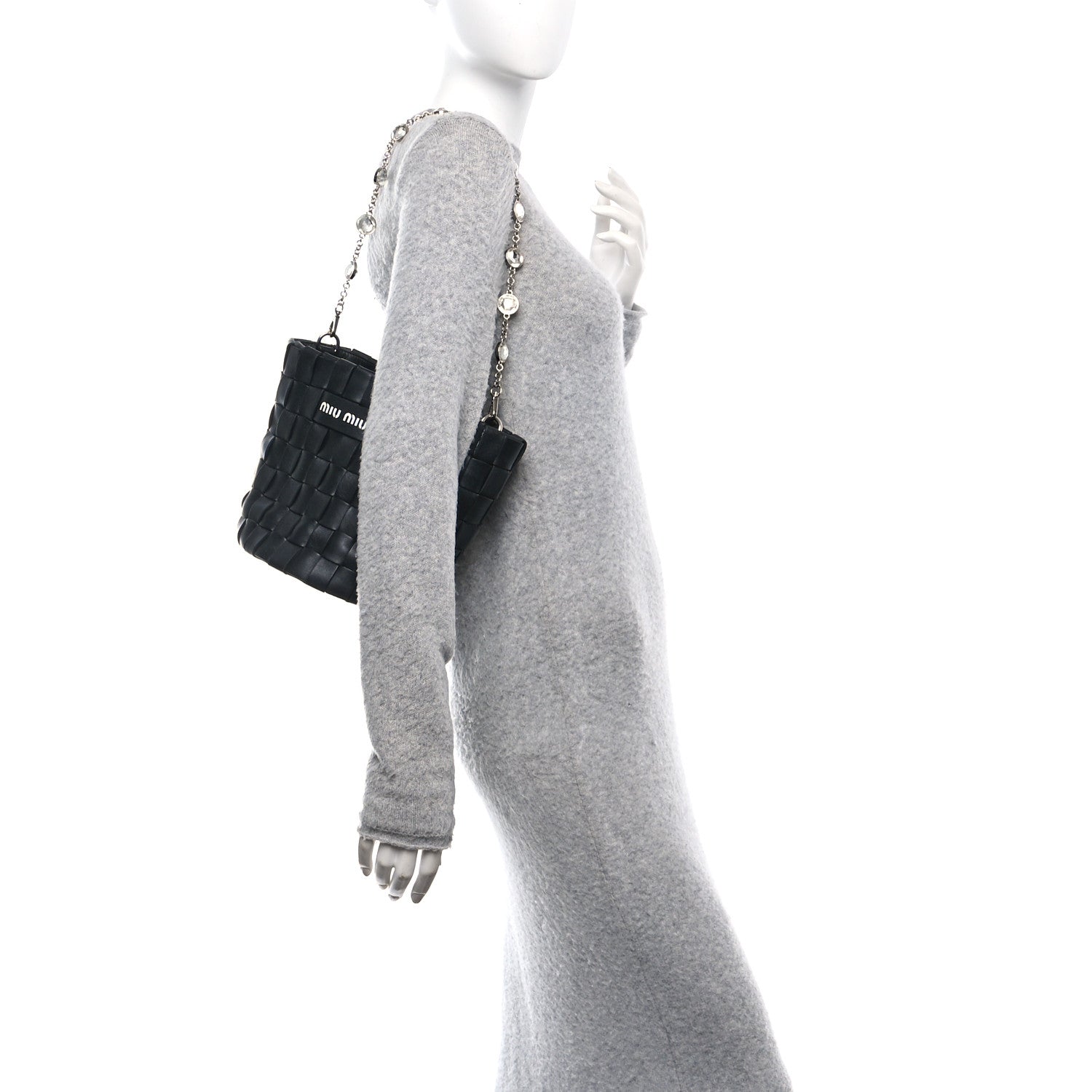 Miu Miu Nappa Woven Crystal Chain Bucket Bag Black 2 of 10