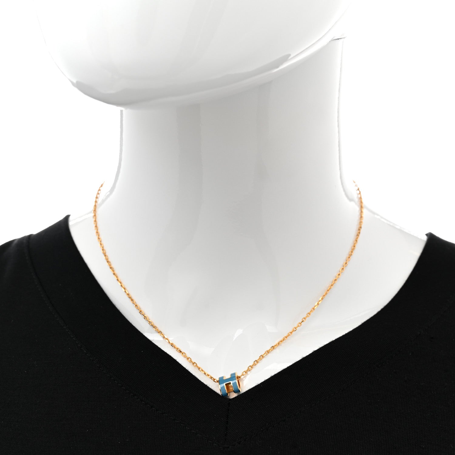 Hermes Lacquered Gold Mini Pop H Pendant Necklace Bleu Jean 2 of 8