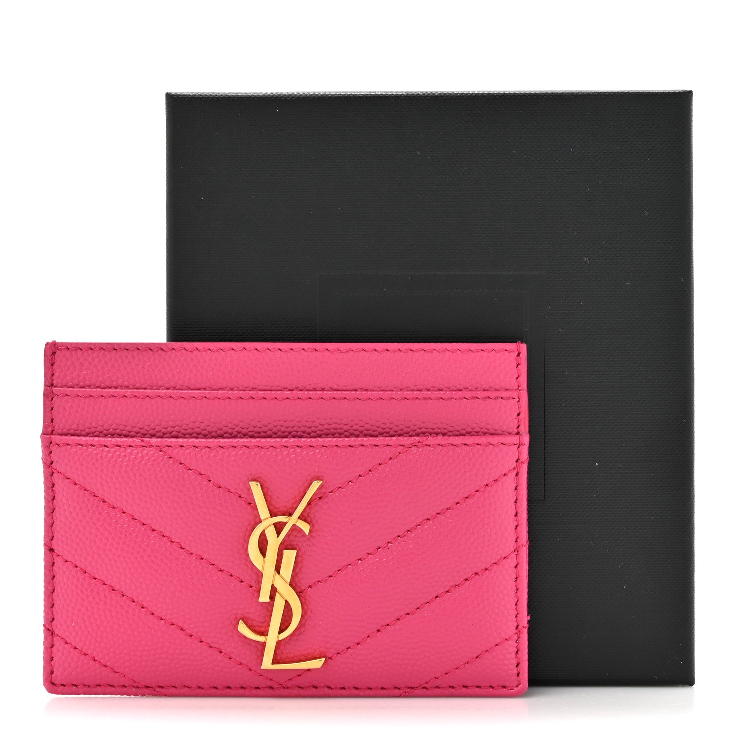 Saint Laurent Grain De Poudre Matelasse Chevron Monogram Credit Card Case Fresh Fuxia 8 of 8