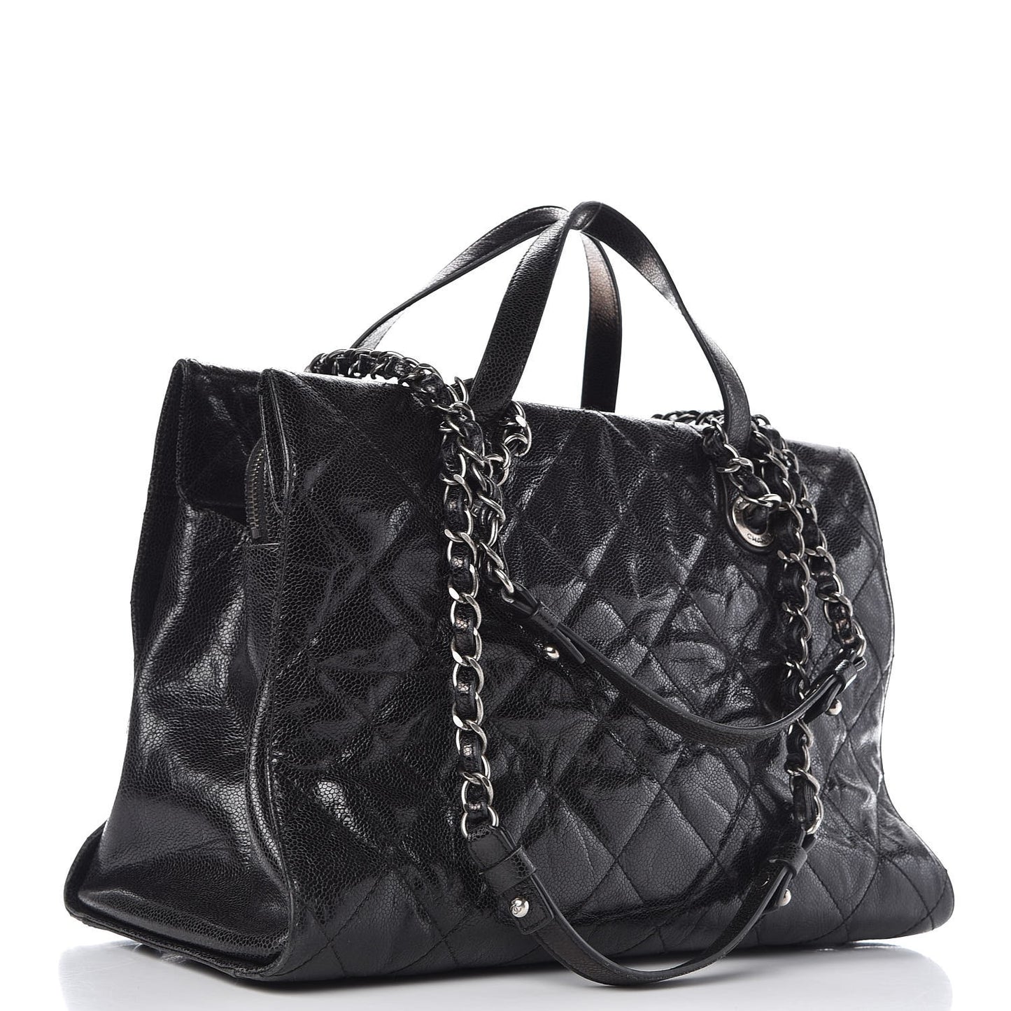 Crumpled Grained Calfskin Quilted CC Crave Tote Black