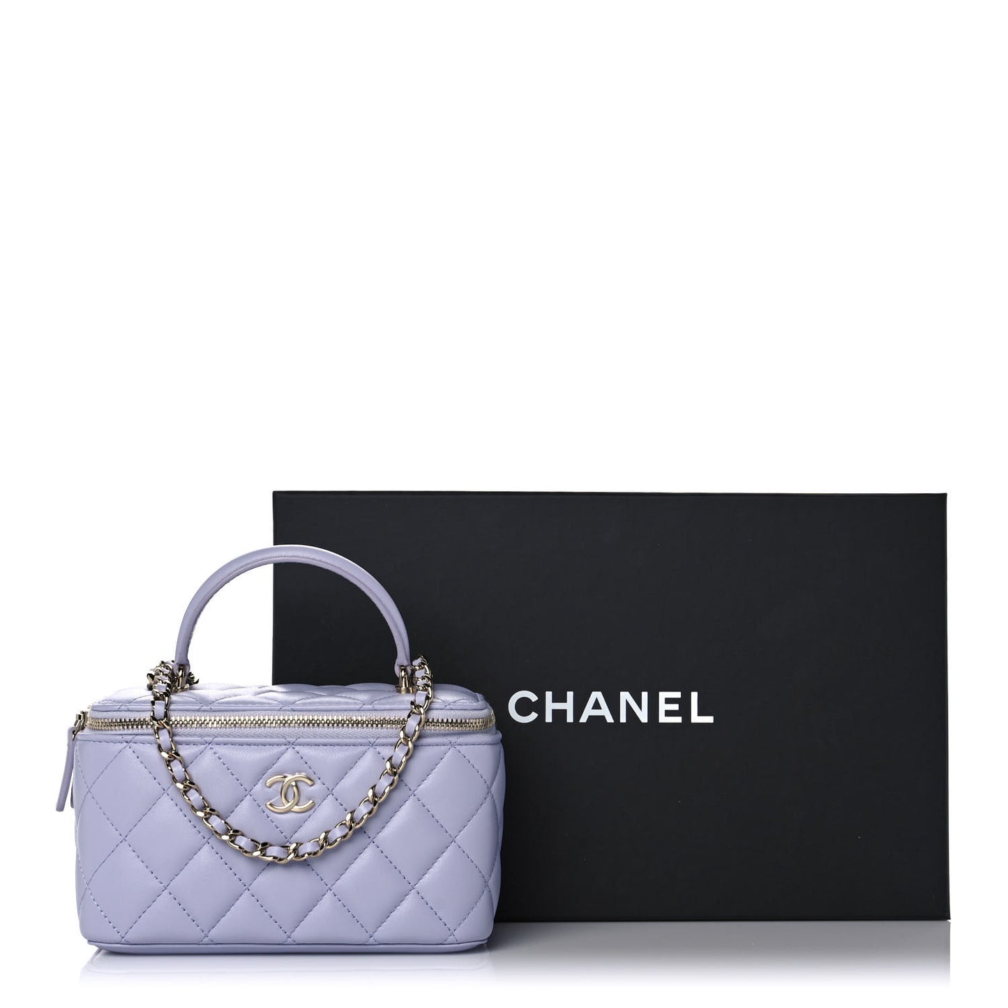 Lambskin Quilted Small Top Handle Vanity Case With Chain Light Purple