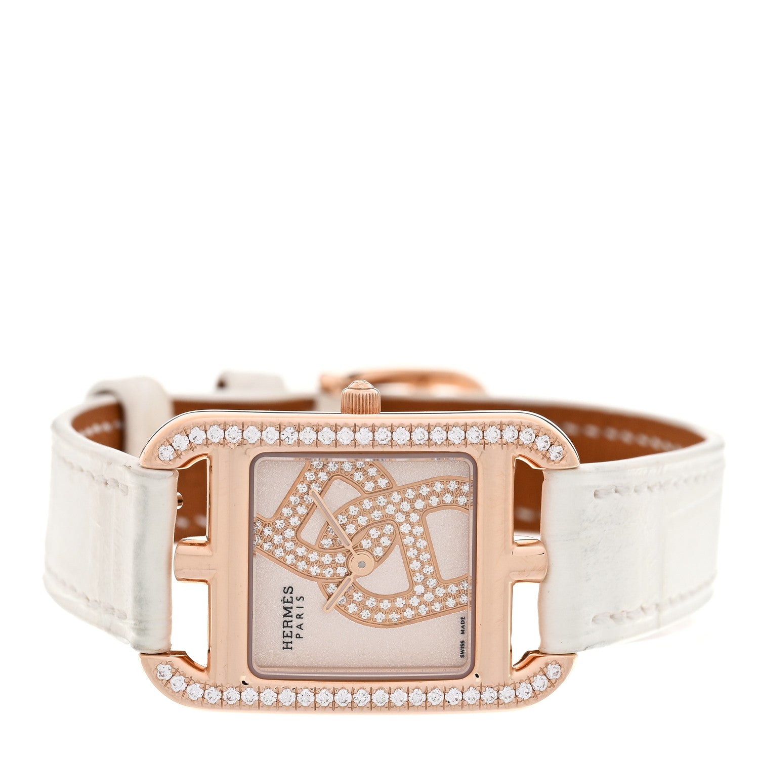 Hermes 18K Rose Gold Alligator Diamond Bezel 23mm Cape Cod Chaine d'Ancre Joaillier Quartz Watch Blanc 2 of 5
