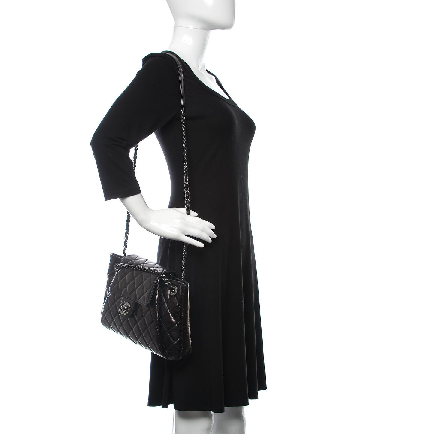 Glazed Calfskin Quilted Accordion Flap Black