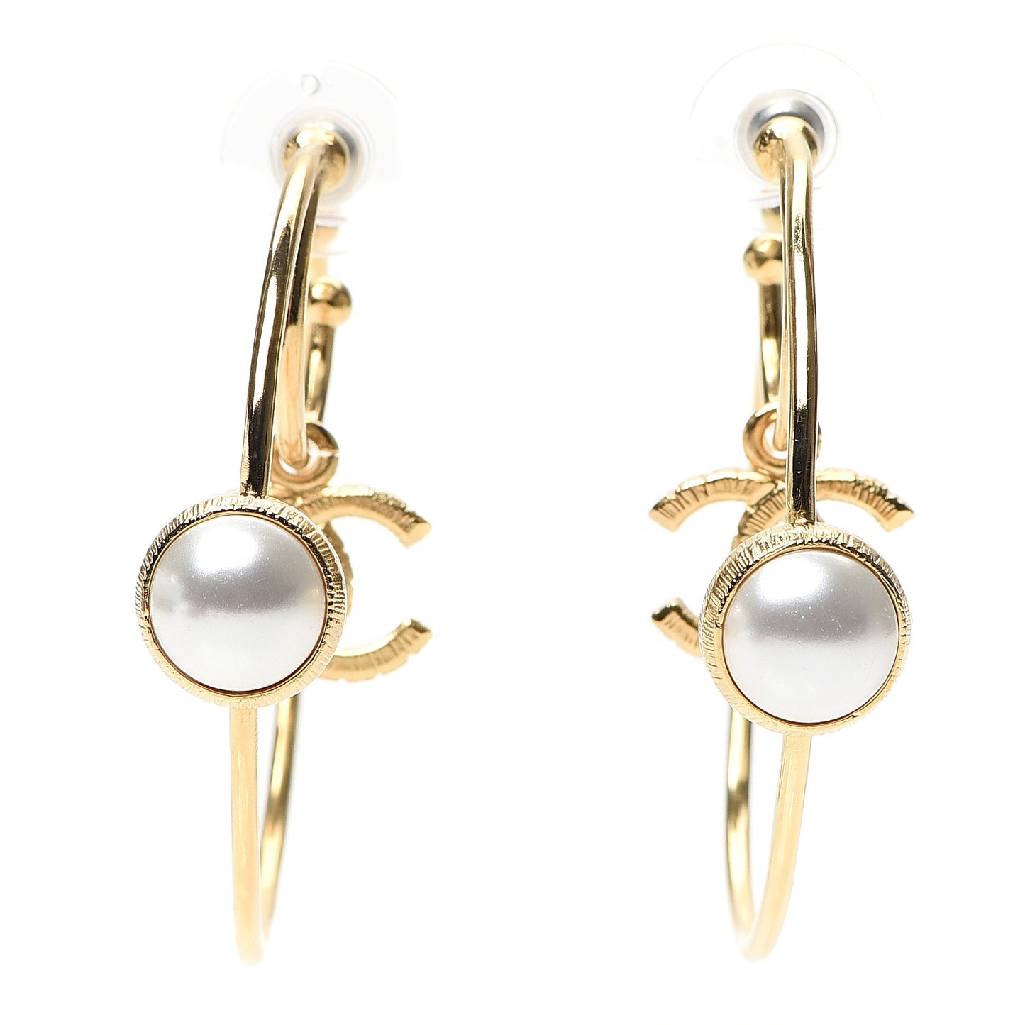 Pearl CC Tags Hoop Earrings Gold