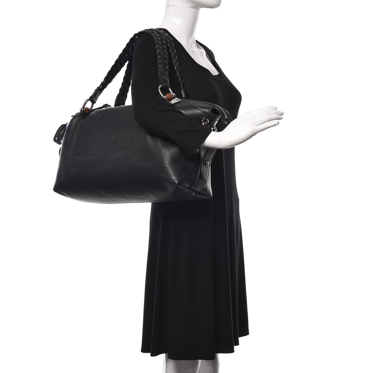 Pebbled Calfskin Large Bamboo Bar Tassel Shoulder Bag Black