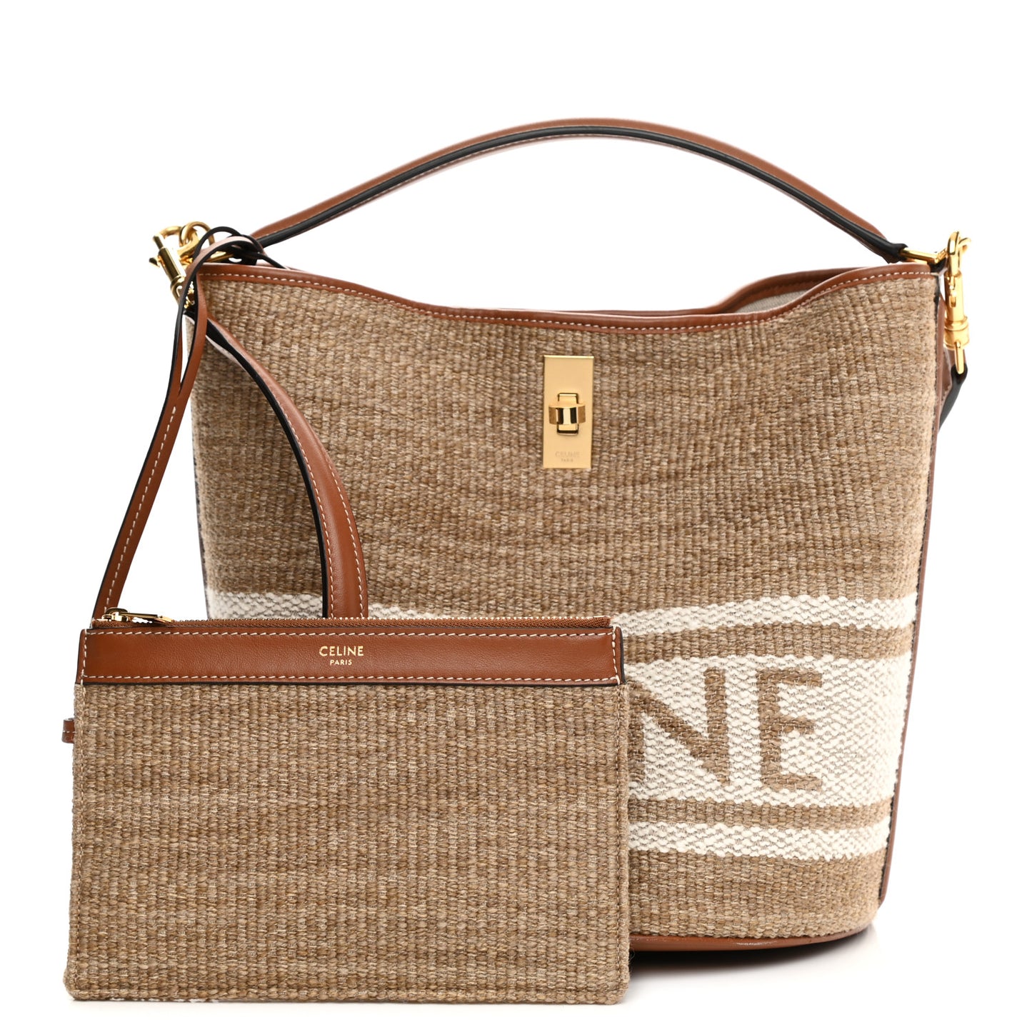 Canvas Smooth Calfskin Logo Bucket 16 Bag Beige Tan
