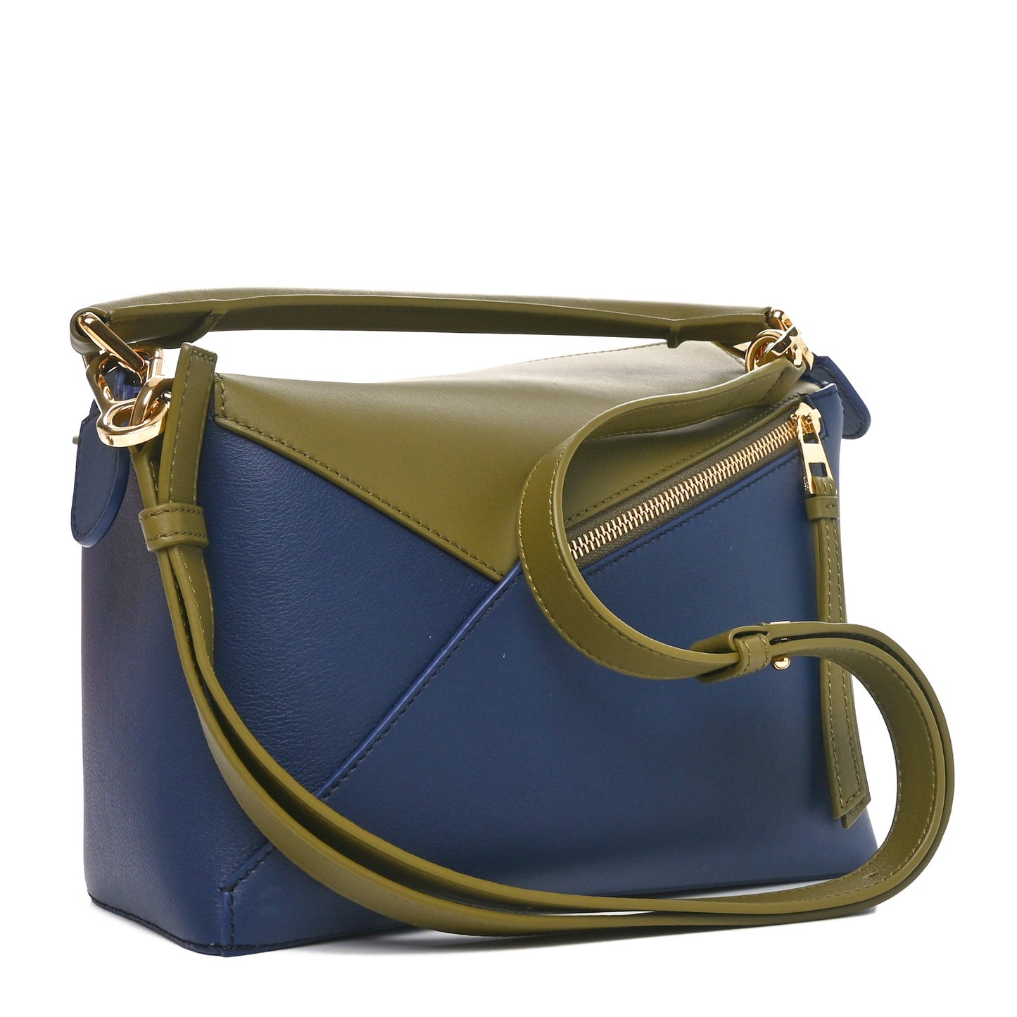 Calfskin Small Puzzle Edge Bag Olive Abyss Blue
