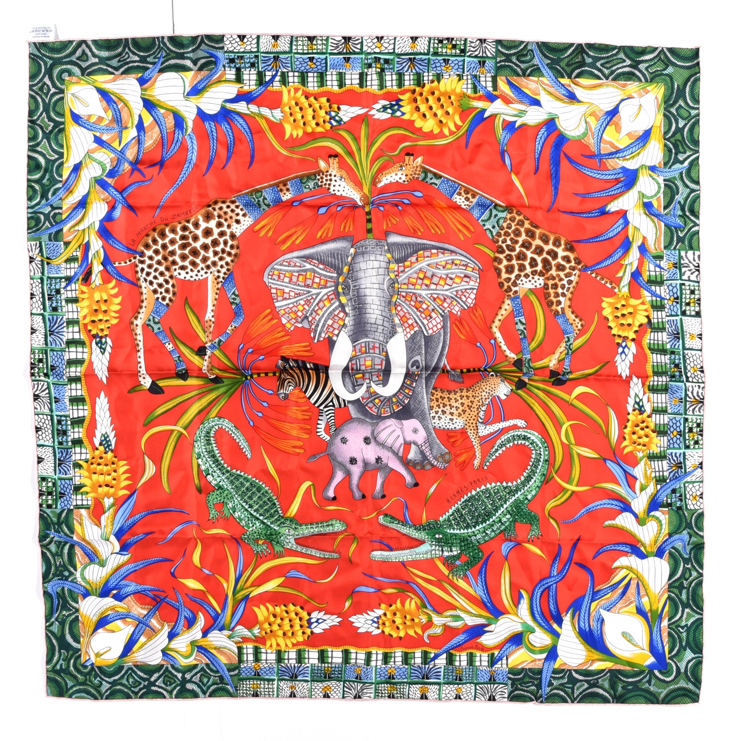 Hermes Silk La Marche Du Zambeze Scarf 90 Rouge Vert Multicolor 1 of 3