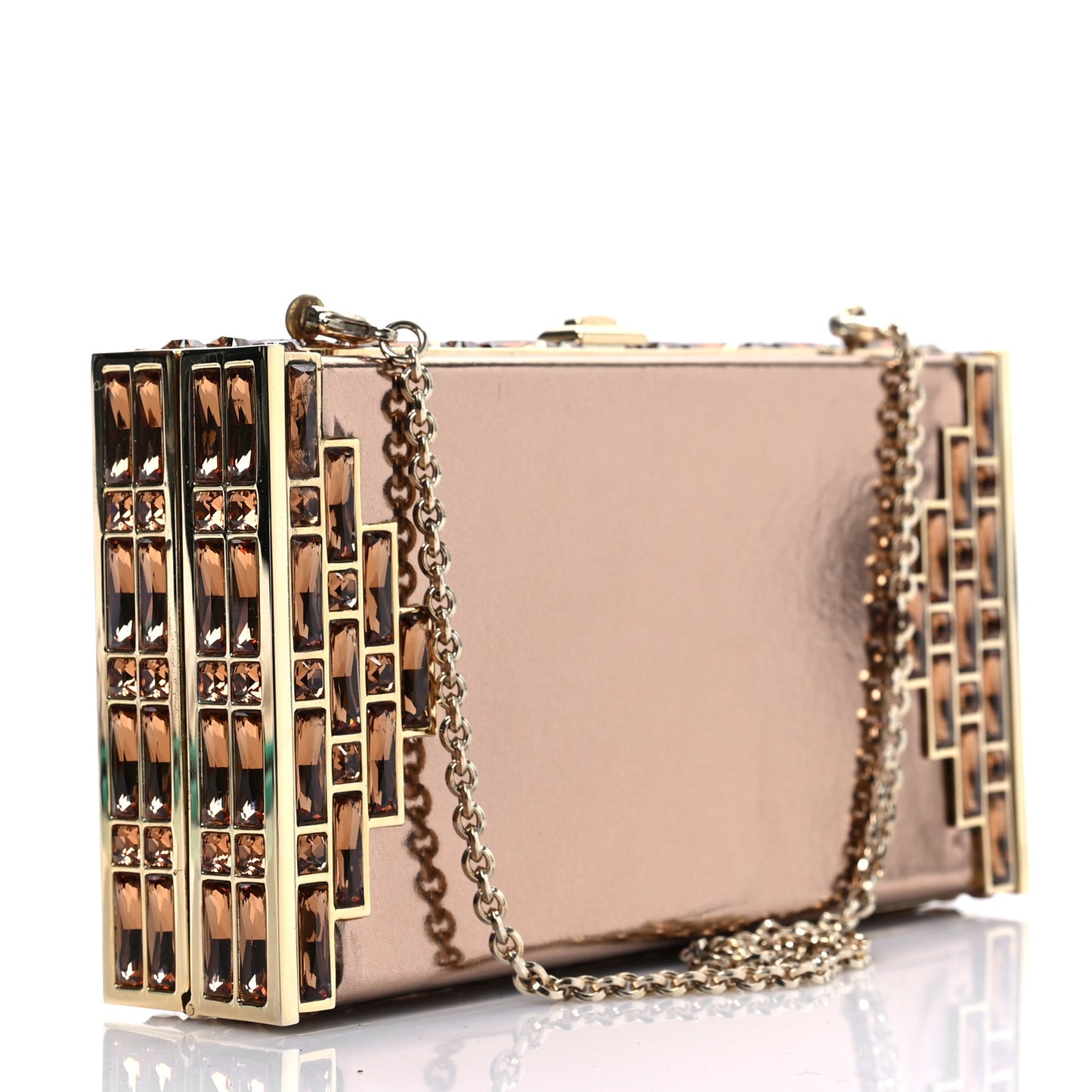 Metallic Calfskin Box Clutch With Chain Gold