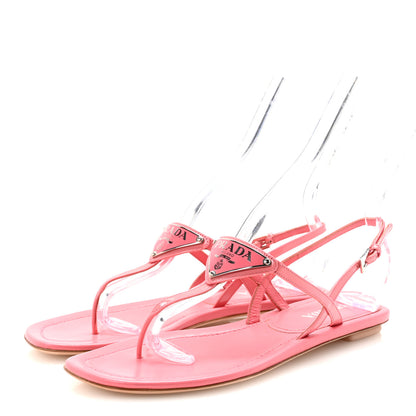 Prada Vernice Metal Triangle Logo Slingback Flat Thong Sandals 38.5 Petalo 4 of 8