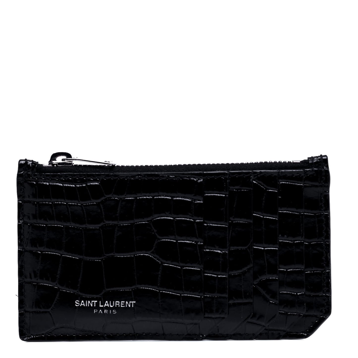Calfskin Crocodile Embossed 5 Fragments Zip Pouch Card Holder Black