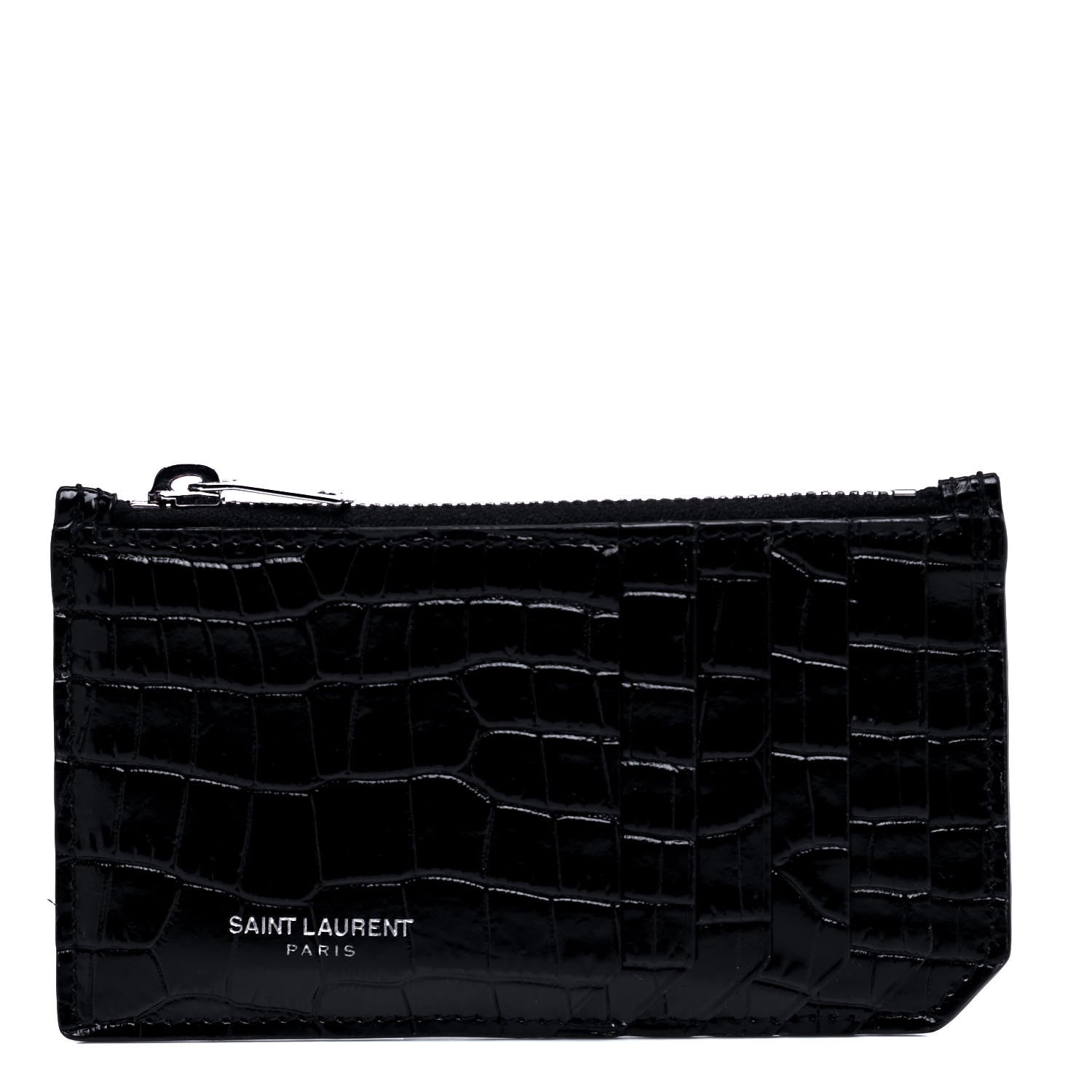 Saint Laurent Calfskin Crocodile Embossed 5 Fragments Zip Pouch Card Holder Black 1 of 6