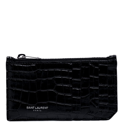 Saint Laurent Calfskin Crocodile Embossed 5 Fragments Zip Pouch Card Holder Black 1 of 6